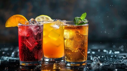 Close view of three refreshing beverages in stylish glasses, set against a dark, moody backdrop, perfect for sophisticated ads