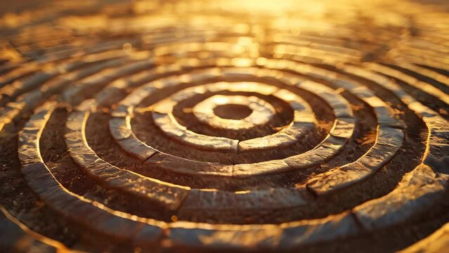 Close-up of circular brick pattern bathed in golden sunlight