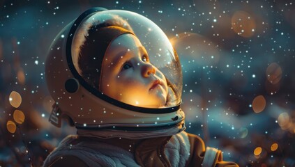 A space helmet sits askew on the baby's head, reflecting the glow of distant galaxies.