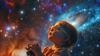 Naklejka premium A baby in oversized sunglasses holds a tiny camera, gazing up at a galaxy-filled sky.