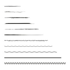 Obraz premium Collection of diverse line brushes. Set of artistic stroke patterns vector. Black brush lines for design use.