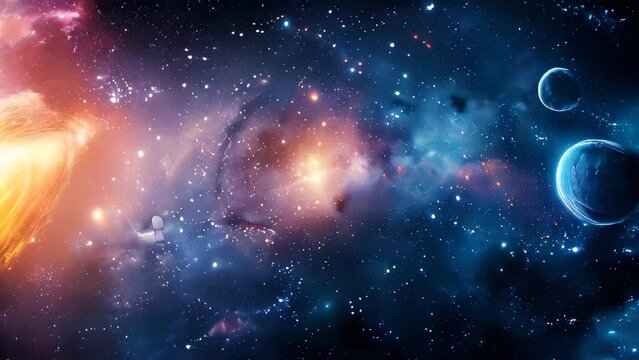 Cosmic scene with galaxies, nebulae, and planets