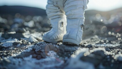 Tiny astronaut booties adorn the baby's feet as they toddle across a lunar landscape.