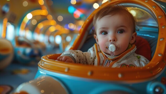 The baby sits in a miniature rocket ship, sucking on a pacifier, ready for a cosmic adventure.