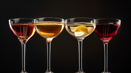 Close-up of three cocktails, exuding elegance in individual glasses, positioned against a dark, seamless background, lit by studio lights