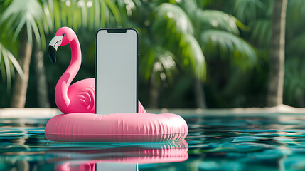 Smartphone on inflatable flamingo  mattress floating in swimming pool at summer vacation. Mobile phone mockup with blank screen. Travel app advertising
