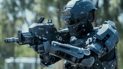 Fototapeta premium Close-up of a SWAT robot officer training at an outdoor shooting range, daylight enhancing the metallic details