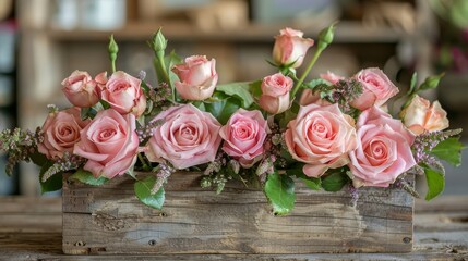 Enchanting close-up of pink roses set in a rustic box on a wooden hearth, showcasing the blend of natural beauty with homely charm