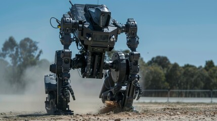 Dynamic view of a SWAT robot in action, practicing maneuvers at an outdoor range under the clear day sky