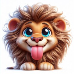 Obraz premium a photorealistic whimsical cartoon lion with a mischievous grin. The lion has blue eyes and long fur
