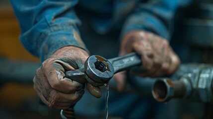 Detailed snapshot of a plumber using a wrench to halt a water leak, focusing on the hand and tool interaction, in action