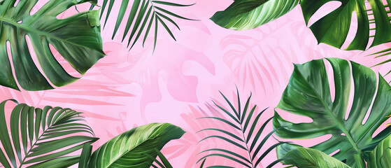 Pink tropical background with palm leaves and monstera leaf. Botanical design for wall art, prints, invitations, and home decor.