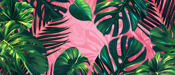 Pink summer tropical background vector. Palm leaves, monstera leaf, Botanical background design for wall framed prints, wall art, invitation, canvas prints, poster, home decor, cover, wallpaper