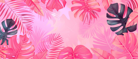 Summer tropical background in pink with palm leaves and monstera leaf. Perfect for wall art, prints, invitations, and home decor.