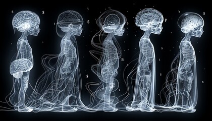 Series of Xray images of a childs brain development, each accompanied by age markers and key developmental milestones