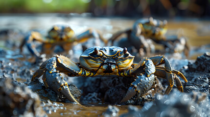 Vibrant Photo Realistic Fiddler Crabs Burrowing Into Mangrove Mud Concept Showing Intricate Tunnels for Protection and Shelter