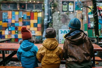 Obraz premium Three children in colorful winter clothes sit outdoors, captivated by a vibrant and artistic urban wall.