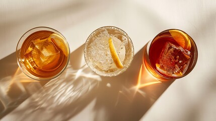 Refreshing trio of cocktails from above, each in a distinct glass, highlighted by professional studio lighting on a neutral backdrop