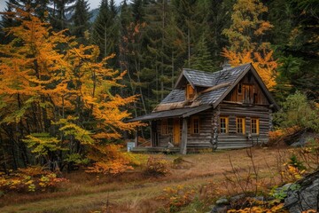 An idyllic rustic cabin nestled among vibrant autumn trees in a serene forest setting.