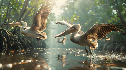 Pelicans Soaring Over Mangrove Trees: A photo realistic concept capturing pelicans surveying the forest and its abundance of fish and nesting opportunities.