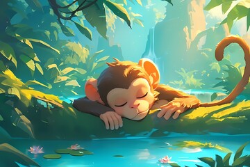 a cute cartoon monkey is sleeping on the river bank