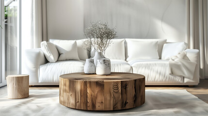 Round wood coffee table against white sofa in stylish Scandinavian home interior.