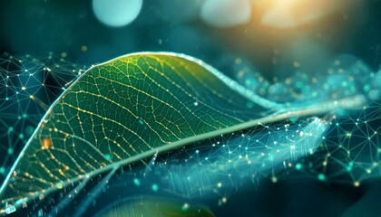 Technological progress in green energy is symbolized by a green leaf with a 3D effect of glowing technological mesh. The concept of alternative energy sustainability, innovation and concern for enviro