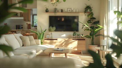 Rustic Interior with Creamy Wood Furniture and Abundant Greenery - A Serene Home Decor Embracing Natural Elements and a Relaxed Aesthetic