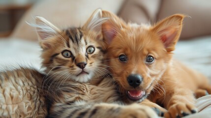 Cat and Dog Playing Together in Natural Warmth: A Heartwarming Scene of Happy Pets Enjoying Their Friendship