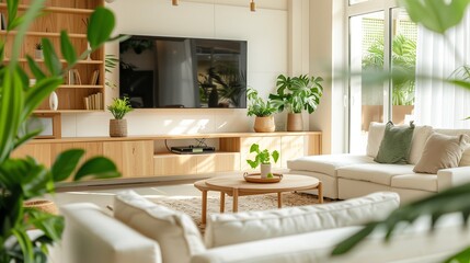Rustic Interior with Creamy Wood Furniture and Abundant Greenery - A Serene Home Decor Embracing Natural Elements and a Relaxed Aesthetic