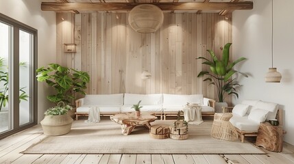 Rustic Interior with Creamy Wood Furniture and Abundant Greenery - A Serene Home Decor Embracing Natural Elements and a Relaxed Aesthetic
