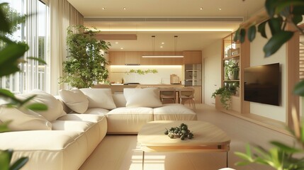 Rustic Interior with Creamy Wood Furniture and Abundant Greenery - A Serene Home Decor Embracing Natural Elements and a Relaxed Aesthetic