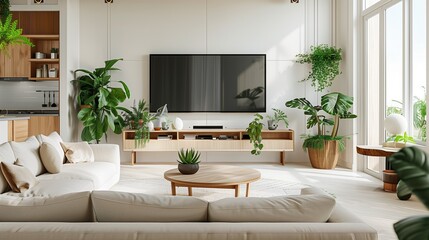 Rustic Interior with Creamy Wood Furniture and Abundant Greenery - A Serene Home Decor Embracing Natural Elements and a Relaxed Aesthetic