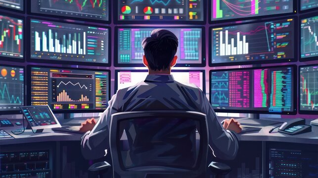A businessman is looking at a computer screen with a stock trading report