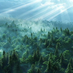 An artwork depicting a bird's-eye view of a forest, incorporating misty green trees in various shades. A professional photography techniques to capture the scene from an aerial view.its looks dashing