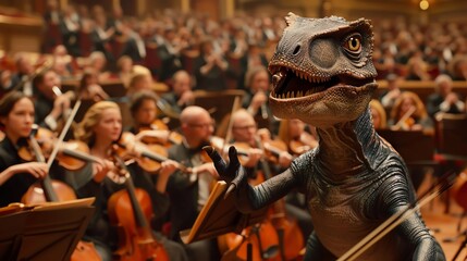 Animated scene of a Velociraptor conducting a symphony orchestra, whimsical and surreal musical...