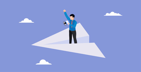 vector of a person speaking through an amplifier in a paper airplane bag