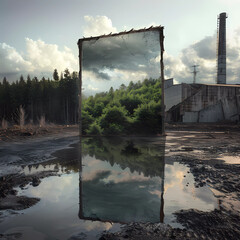  Generative Ai Surreal portrayal of a giant mirror reflecting a vibrant, untouched forest opposite a barren, industrial wasteland, symbolizing environmental contrast 