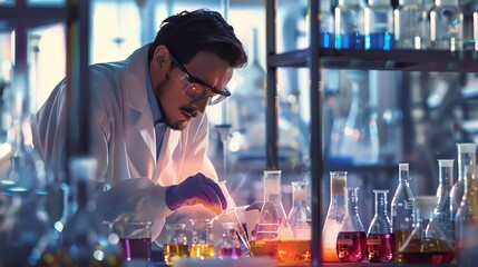 Chemist in a lab coat conducting experiments with colorful chemicals in beakers, high-tech laboratory environment symbolizing research and development