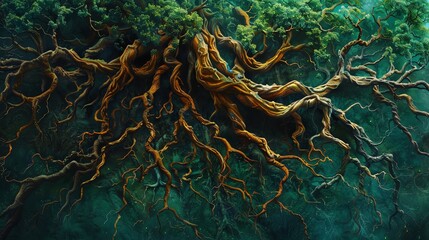 Riddle of roots in an ancient forest, twisted and intertwined patterns that hold secrets of the earth