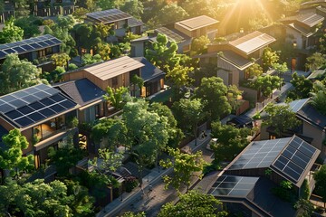 Tranquil suburban neighborhood with solar panels on rooftops under a serene blue sky. Embodying the concept of sustainable living.