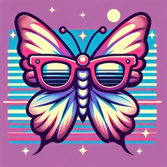 Playful Pastel Butterfly: Trendy Synthwave Vector Illustration with Glasses, Perfect for Whimsical T-Shirt Art. Generative AI
