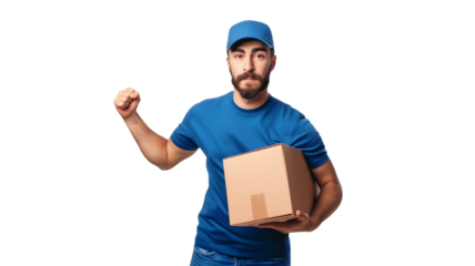 Isolated delivery man with parcel, on transparent background, PNG