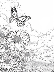 Coloring pages of Sunflowers field with butterfly in summer or spring time.