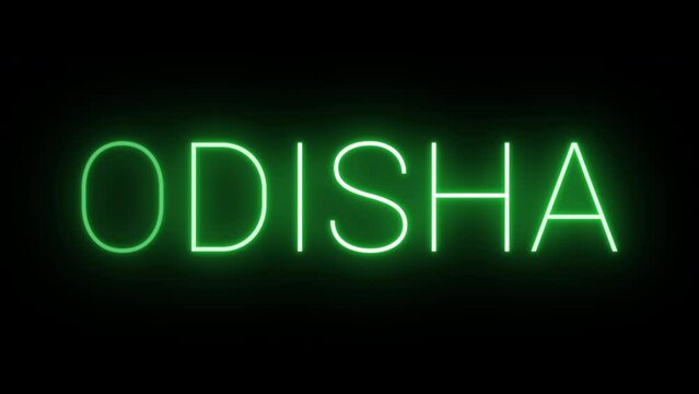 Flickering neon green glowing odisha text animated on black background