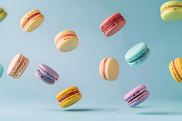 Floating colorful macarons on blue background