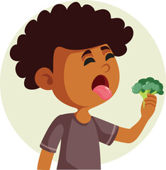 Funny Kid Disliking Broccoli Making Faces Vector Cartoon. Picky eater holding fresh vegetables feeling disgusted
