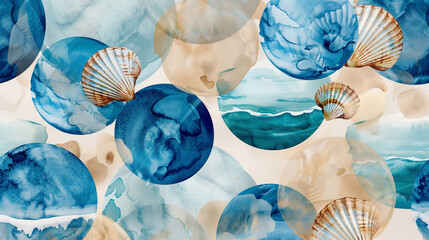 Blue and white wallpaper featuring watercolor circles in a beach theme with seashells and waves, background