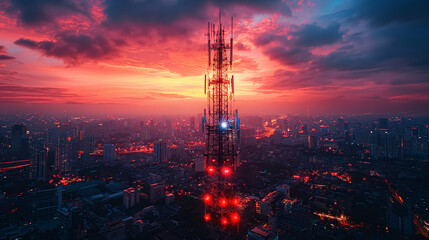 Antenna communication technology with city background. Communication tower connect to data of smart city. Telecommunication 5G. Digital Transformation IoT (Internet of Things).