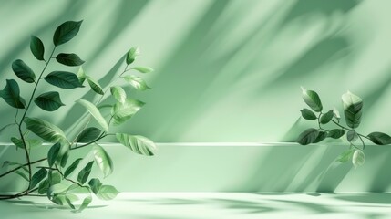 Wooden slice podiums and green plant branch on blue background. Concept scene stage showcase for new product